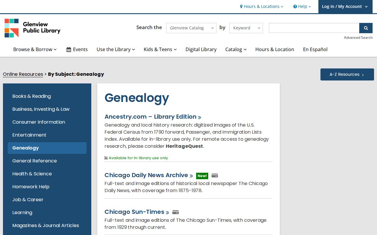 Glenview Library genealogy resources and local history databases