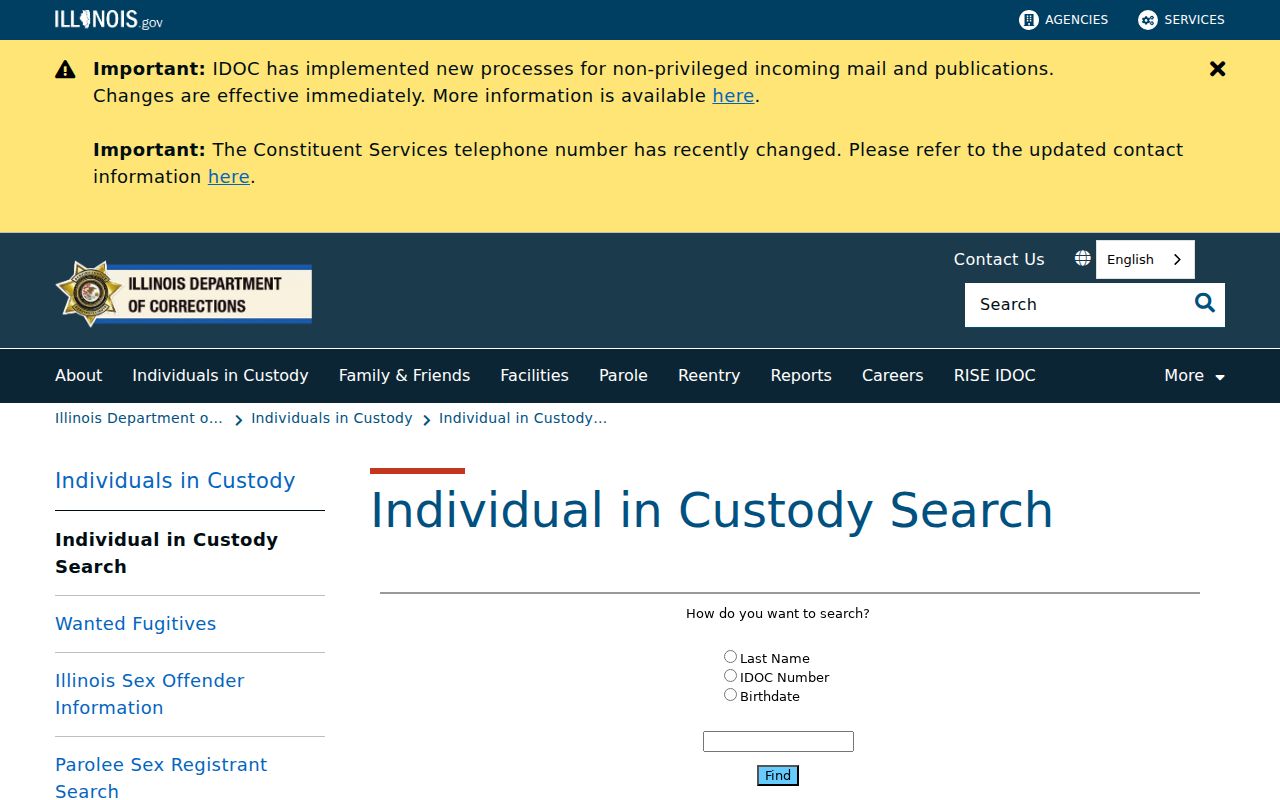 Glenview resident lookup view of Illinois inmate search entry